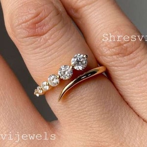 14K Solid Gold Adjustable Ring Minimalist Ring Natural Round Diamond Open Cuff Wedding Ring Thin Stacking Promise Ring Unique Open Band Ring