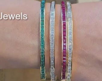 Channel Set Baguette Bracelet For Women Emerald / Ruby / Diamond Set Bracelet Solid Gold Stacking Bracelet Birthday-Anniversary Gift For Her