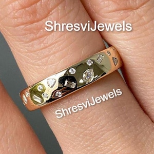 14Kt Gelbgold Band, 5 MM Moissanit Diamant Ring, Multi Stone Ehering, Unisex Jubiläumsgeschenk für Sie