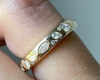 18Kt Solid Yellow Gold Band, Starbright Flush Setting Moissanite Diamond Ring, Multi Stone Wedding Band, Unisex Anniversary Gift For Her