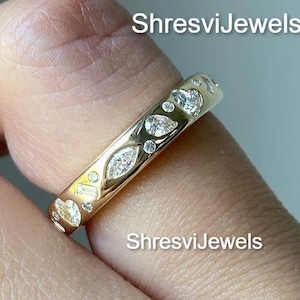Anillo de oro amarillo macizo de 18 quilates con diamantes de moissanita engastados en estrella, alianza multipiedra, regalo de aniversario unisex.