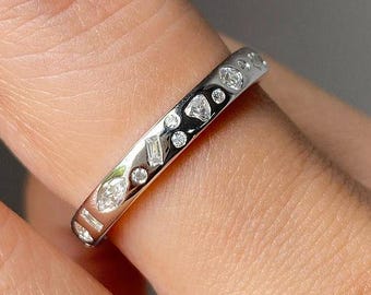 Platinum Starbright Flush Setting Moissanite Diamond Ring, Wedding Band, Matching Engagement Band, Multi Stone Diamond Ring, Unisex Band Her
