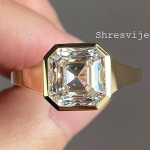 Asscher 4.00 CT Moissanite Ring, Signet Bezel Set Engagement Ring, Simple Anniversary Gift For Men Designer Wedding Ring, Gift For Him/Her