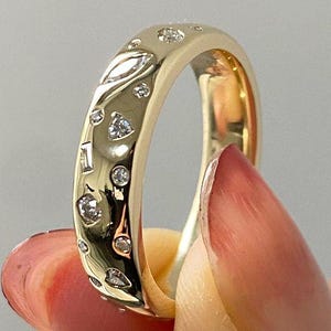 14Kt Solid Yellow Gold Band, 5MM Starbright Flush Setting Moissanite Diamond Ring, Multi Stone Wedding Band, Unisex Anniversary Gift For Her