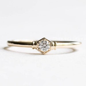 14kT Yellow Gold Hexagon Ring With Diamond, Bee Ring, Honeycomb Ring, Dainty Ring, Minimalist Ring, Engagement Ring, Evil Eye Safe Gift Ring