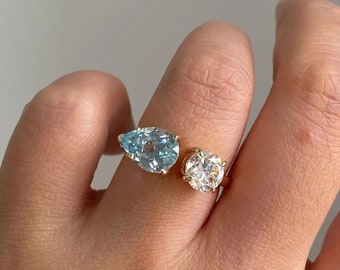 Auamarine pear and moissanite diamond round shape gemstones engagement ring for brides