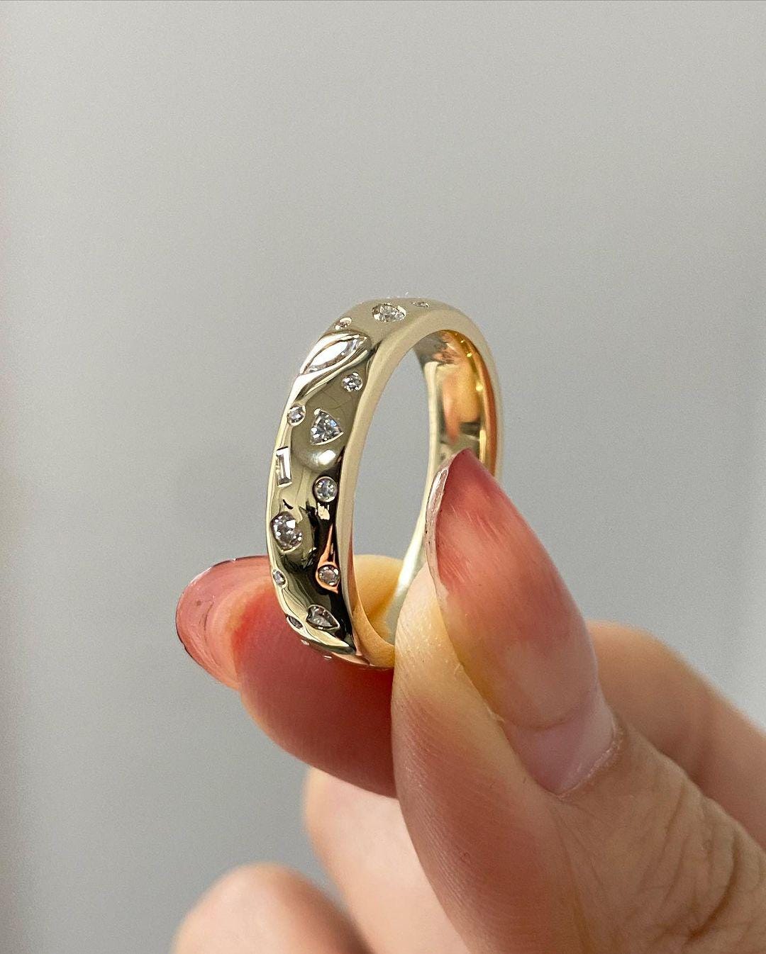14Kt Solid Yellow Gold Band, 5MM Starbright Flush Setting Moissanite Diamond Ring, Multi Stone Wedding Band, Unisex Anniversary Gift For Her