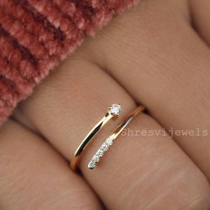 Natural Round Diamond Open Cuff Wedding Ring Thin Stacking Promise Ring Unique Open Band Ring 14K Solid Gold Adjustable Ring Minimalist Ring