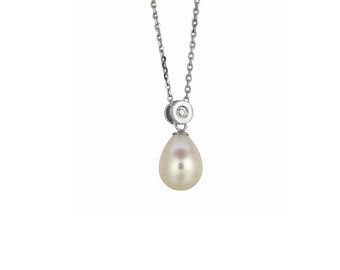 925 Sterling Silver Freshwater Pearl and Bezel Set CZ Tear Drop Necklace For Women, Pearl Pendant Necklace, Gift For Her.