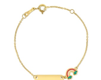 14K Yellow Gold 5.5" Polished Name Plate & Enamel Rainbow Children's Bracelet with Spring Ring Clasp. Jump ring at 4.75"
