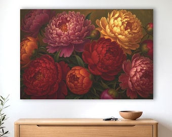 Ilustración botánica vintage de peonías, lienzo grande, decoración rústica.