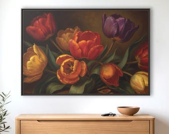 Duży wydruk na płótnie z motywem botanicznym „Vintage Tulips”, wystrój wiejski, ilustracja antycznych tulipanów