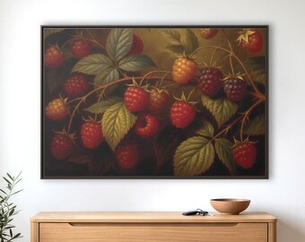 Duży wydruk na płótnie z motywem botanicznym „Vintage Raspberries”, wystrój wiejski, ilustracja z antycznych malin
