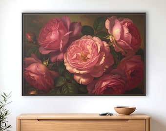 Duży wydruk na płótnie z motywem botanicznym „Vintage Pink Roses”, wystrój wiejski, ilustracja antycznej róży