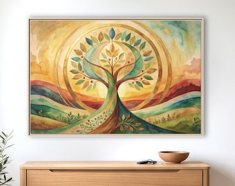 Boho Baum des Lebens Leinwanddruck, bunte Naturkunst mit skurrilem Design