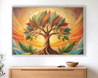Baum des Lebens Kunst Wunderliche Leinwand Druck, Bunte Natur Themen Kunstwerk mit Sonnenuntergang Hintergrund
