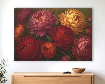 Duży wydruk na płótnie z motywem botanicznym "Vintage Peonies", wystrój wiejski, ilustracja antycznej piwonii