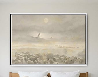 Jesus lässt die 99 Große Leinwanddruck, Gleichnis vom verlorenen Schaf, minimalistische Wandkunst