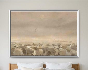 Lost Sheep Parable Canvas Print, Jesus Leaves the 99 in Minimalist Neutral Beige