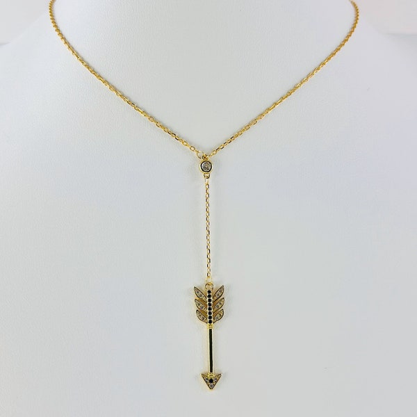 18K Gold Vermeil Necklace, Lariat Necklace, Arrow Pendant, CZ Lariat Necklace, Dainty Necklaces for Women