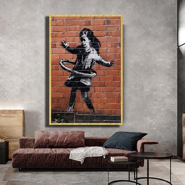 Hula-Hoop Girl Banksy Wall Art, Banksy Graffiti Wall Art, Banksy Girl Canvas, Street Graffiti, Framed Canvas Wall Art