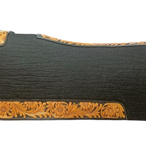 Black and Brown Western Saddle Pad. Hand tooling on Genuine leather. 32&quot;X30&quot;