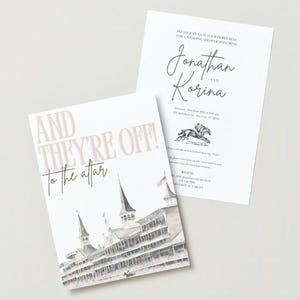 Peut inclure: Deux faire-part de mariage. L'un présente le texte « AND THEY'RE OFF! to the altar » avec une image aquarelle d'un hippodrome. L'autre invitation porte les noms « Jonathan et Korina » en écriture élégante.