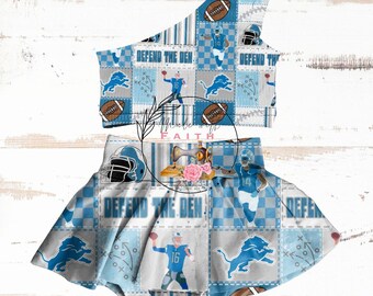 Detroit Lions baby bummies, skirt, crop top or flare pants