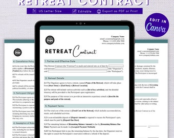 May include: A digital template for a retreat contract. The document includes sections for parties and effective date, retreat details, payment terms, cancellation policy, participant obligations, and assumption of risks. The template is designed to be edited and printed.