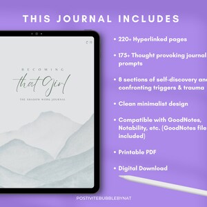 May include: A digital journal cover with a watercolor mountain landscape and the text "BECOMING that girl THE SHADOW WORK JOURNAL". The journal includes 220+ hyperlinked pages, 175+ thought-provoking journal prompts, 8 sections of self-discovery, a clean minimalist design, and is compatible with GoodNotes, Notability, etc. (GoodNotes file included). It is also printable and available as a digital download.