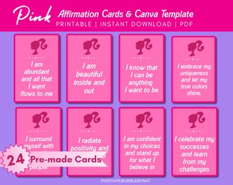 May include: Pink affirmation cards with a Barbie doll graphic. The cards feature positive affirmations such as "I am abundant and all that I want flows to me" and "I embrace my uniqueness and let my true colors shine."