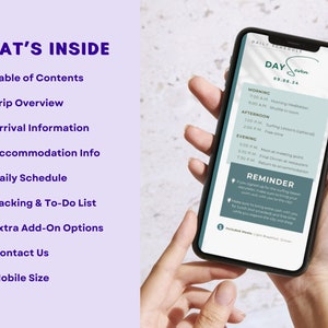 May include: A checklist of what's included in a daily schedule for a retreat. The checklist includes a table of contents, trip overview, arrival information, accommodation info, daily schedule, packing and to-do list, extra add-on options, contact us, and mobile size. The daily schedule is for Day Seven, 09.06.24, and includes morning, afternoon, and evening activities. The activities include morning meditation, a shuttle to the beach, surfing lessons, free time, meeting at a meeting point, final dinner at a restaurant, and returning to accommodation. A reminder section includes information about signing up for the surfing lesson, making sure to bring cash, and enjoying the city.
