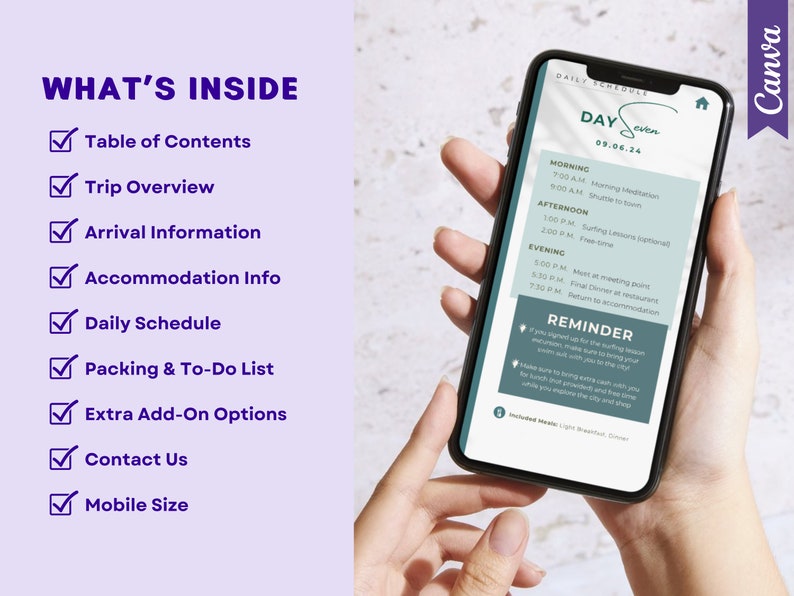 May include: A checklist of what's included in a daily schedule for a retreat. The checklist includes a table of contents, trip overview, arrival information, accommodation info, daily schedule, packing and to-do list, extra add-on options, contact us, and mobile size. The daily schedule is for Day Seven, 09.06.24, and includes morning, afternoon, and evening activities. The activities include morning meditation, a shuttle to the beach, surfing lessons, free time, meeting at a meeting point, final dinner at a restaurant, and returning to accommodation. A reminder section includes information about signing up for the surfing lesson, making sure to bring cash, and enjoying the city.