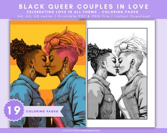 19 Black Queer Couples in Love Coloring Pages for Adults| Instant Downloadable PDF and PNG | Greyscale and B/W