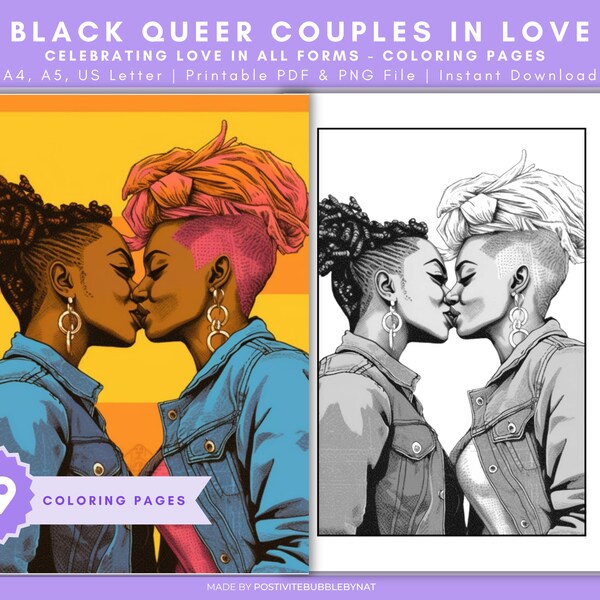 19 Black Queer Couples in Love Coloring Pages for Adults| Instant Downloadable PDF and PNG | Greyscale and B/W