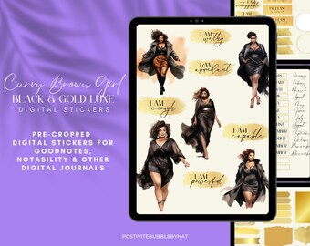 Kurvige schwarze Mädchen-Digital-Aufkleber | Black & Gold Lux Affirmationen | Vorgeschnitten für Digital Self-care Planner, Journal, GoodNotes + PNG Datei
