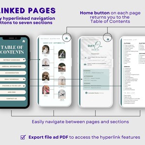 May include: A mobile phone screen displaying a table of contents for a retreat schedule. The table of contents includes sections for retreat overview, arrival information, accommodation, daily schedule, packing and to-do list, add-ons, and contact us. The screen also shows a home button in the top right corner.
