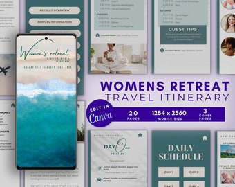 May include: A digital planner template for a women's retreat in Costa Rica. The template includes a table of contents, retreat overview, arrival information, daily schedule, and guest tips. The template is designed for use with Canva and is available in mobile size.