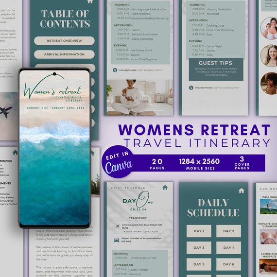 Wellness Retreat Travel Itinerary For Mobile | Digital Travel Guide | Customizable Canva Template | Interactive Clickable Travel Schedule