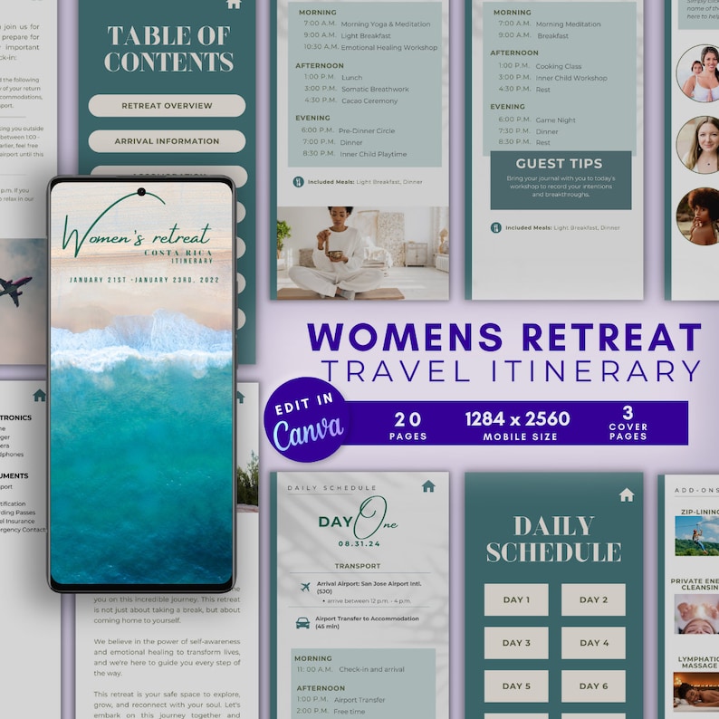 May include: A digital planner template for a women's retreat in Costa Rica. The template includes a table of contents, retreat overview, arrival information, daily schedule, and guest tips. The template is designed for use with Canva and is available in mobile size.