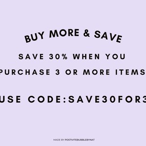 Puede incluir: Texto en blanco y negro sobre un fondo morado claro. El texto dice "BUY MORE & SAVE SAVE 30% WHEN YOU PURCHASE 3 OR MORE ITEMS USE CODE:SAVE30FOR3".