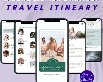 May include: A mobile phone screen displaying a travel itinerary for a women's retreat in Costa Rica. The itinerary includes daily activities, such as yoga, meditation, and excursions. The retreat takes place from August 31st to September 7th. The phone screen is surrounded by a purple background with the text "Mobile Women's Retreat TRAVEL ITINEARY" at the top.