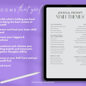 May include: A digital tablet screen displaying a list of journal prompts with the heading "Journal Prompt Main Themes". The list is divided into categories such as "Self-Awareness", "Self-Care", "Letting Go", "Connection & Support", "Mindset Shift", and "Spiritual Exploration".