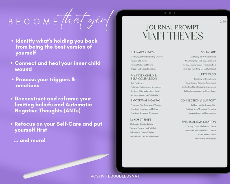 May include: A digital tablet screen displaying a list of journal prompts with the heading "Journal Prompt Main Themes". The list is divided into categories such as "Self-Awareness", "Self-Care", "Letting Go", "Connection & Support", "Mindset Shift", and "Spiritual Exploration".
