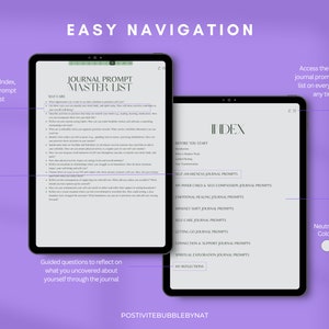 May include: A digital journal prompt master list with a neutral olive tone color scheme. The list includes sections for self-care, self-awareness, inner child, emotional healing, mindset shift, letting go, connection and support, spiritual exploration, and reflections. The index is hyperlinked and can be accessed on every page.