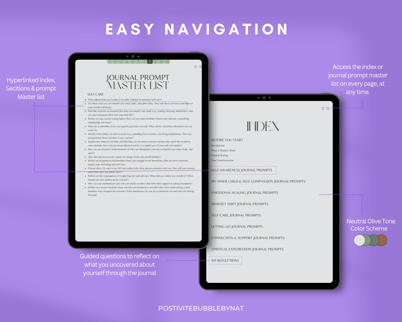 May include: A digital journal prompt master list with a neutral olive tone color scheme. The list includes sections for self-care, self-awareness, inner child, emotional healing, mindset shift, letting go, connection and support, spiritual exploration, and reflections. The index is hyperlinked and can be accessed on every page.