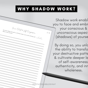 Puede incluir: Un diario blanco con l&iacute;neas y el texto "Inner Child & Self Compassion" y la pregunta "&iquest;C&oacute;mo afecta el aferrarse a la culpa o la autoculpa a tu bienestar general y tu capacidad para avanzar?" El texto "WHY SHADOW WORK?" est&aacute; en la parte superior de la imagen. El texto "Shadow work enables you to face and embrace your conscious & unconscious aspects (shadows) of yourself. By doing so, you unlock the ability to transform your destructive patterns, & cultivate deeper level of self-awareness, authenticity, and inner wholeness." est&aacute; en el lado derecho de la imagen.