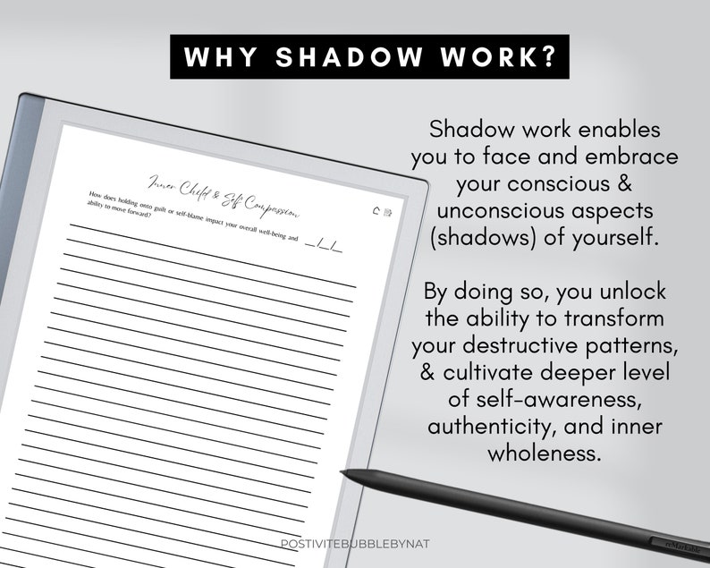 Puede incluir: Un diario blanco con l&iacute;neas y el texto "Inner Child & Self Compassion" y la pregunta "&iquest;C&oacute;mo afecta el aferrarse a la culpa o la autoculpa a tu bienestar general y tu capacidad para avanzar?" El texto "WHY SHADOW WORK?" est&aacute; en la parte superior de la imagen. El texto "Shadow work enables you to face and embrace your conscious & unconscious aspects (shadows) of yourself. By doing so, you unlock the ability to transform your destructive patterns, & cultivate deeper level of self-awareness, authenticity, and inner wholeness." est&aacute; en el lado derecho de la imagen.
