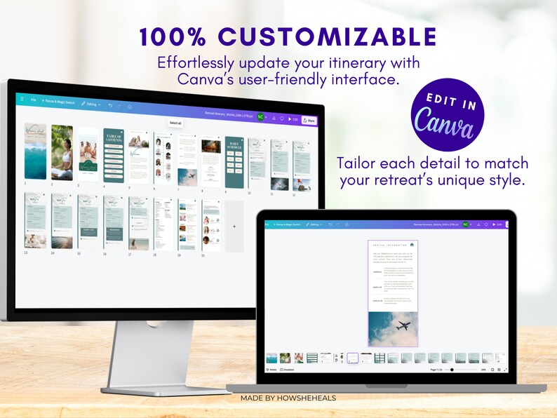 May include: A computer screen displaying a digital itinerary template for a retreat, with a blue and green colour scheme. The template is customisable using Canva's user-friendly interface. The text "EDIT IN Canva" is visible in a purple circle. The text "MADE BY HOWSHEHEALS" is visible at the bottom of the screen.