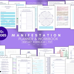 Może przedstawiać: Cyfrowy planer i zeszyt ćwiczeń zatytułowany "Manifestation Planner & Workbook" z tekstem "70+ Pages" w kółku. Planer został stworzony, aby pomóc ludziom w manifestowaniu swoich celów i marzeń. Zawiera strony do ustalania celów, tablic wizualizacji, prowadzenia dziennika wdzięczności i wiele innych.